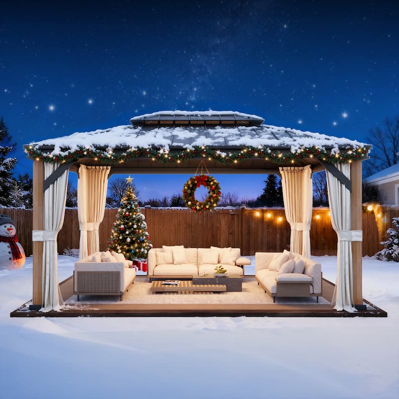 Outdoor Galvanized Steel Roof Gazebo Pergola w Wooden Coated Alumninum Frame, Privacy Curtains and Nettings Include