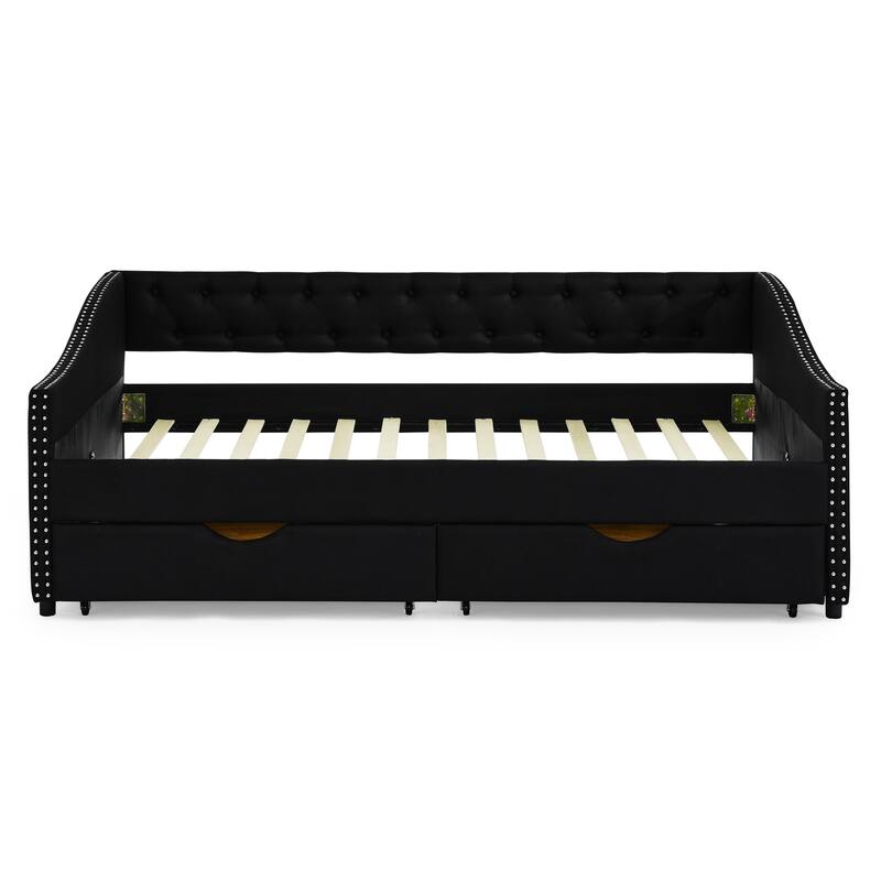 Roomfitters Twin/Full/Queen Upholstered Daybed with Tufted Backrest, Nailhead Trim and Underbed Storage Trundle