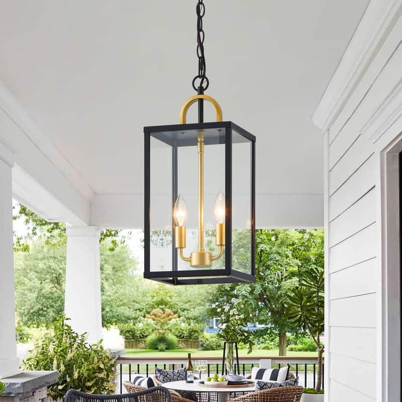 KAWOTI 2-Light Black & Gold Outdoor Pendant Light - W8.25" x H19.25"(MaxH60.75")