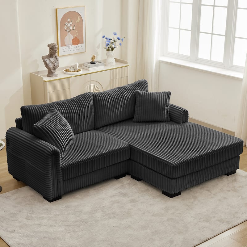 L-Shaped Sofa, 2 Seater Modular Sectional Sofa with Convertible Chaise, USB Ports, Corduroy Couch with Oversized Side Pocket - Gray