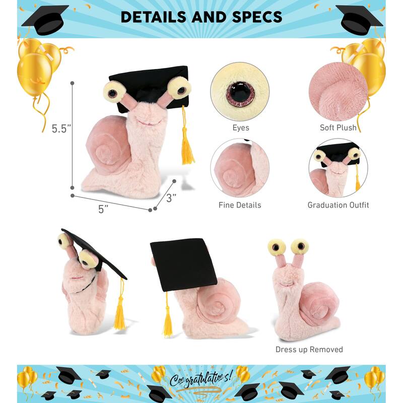 DolliBu Pink Snail Small Graduation Plush Toy with Cap with Tassel - 5.5 inches
