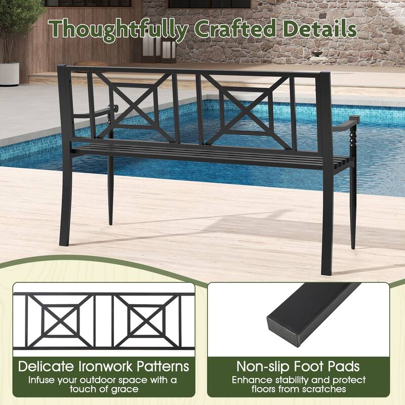 Gymax 51'' Metal Bench Slatted Garden Bench for 2-3 People Patio