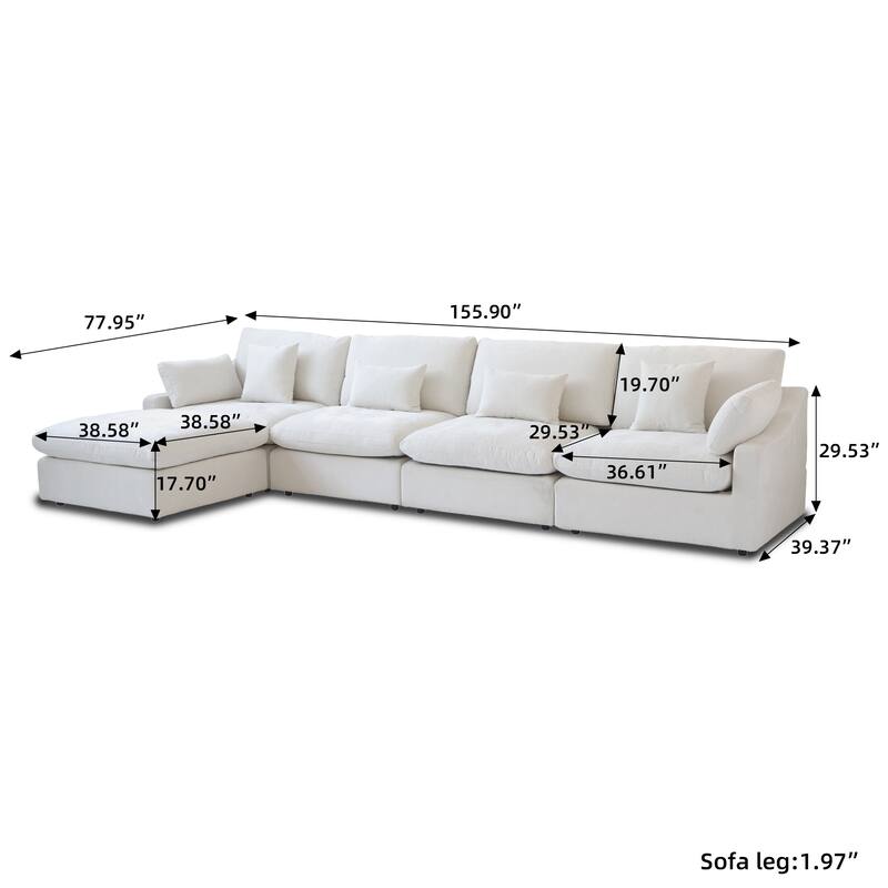 155.9" L-shaped Modern Linen Sectional Modular Sofa 4-Seater Down Filled Cloud Couch with Ottoman