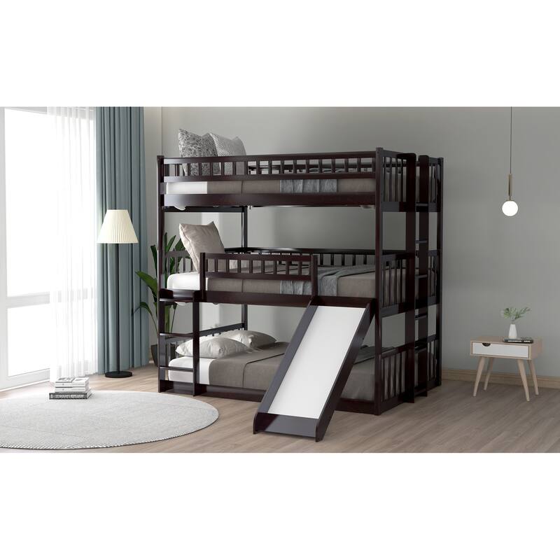 Triple Full-Size Bunk Bed with Ladder, Slide, and Guardrails in Espresso Finish