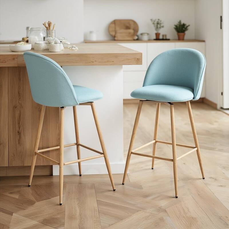 Homy Casa Set of 2 Upholstered Counter Stools with Curved Back and Metal Legs for Kitchen Islands,Breakfast Bars - N/A - Set of 2 - Blue