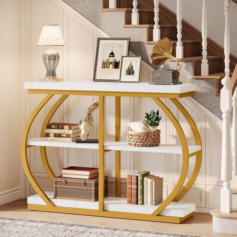 41.3 Inches Brown Wooden Entryway Table, 3-Tier Industrial Hallway Table with Storage for Living Room - White &Gold