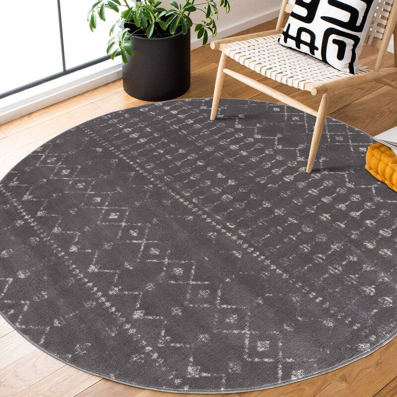 Tigris Tanu Moroccan Trellis Farmhouse Boho Area Rug - 6'7" Round - Black, Dark Grey