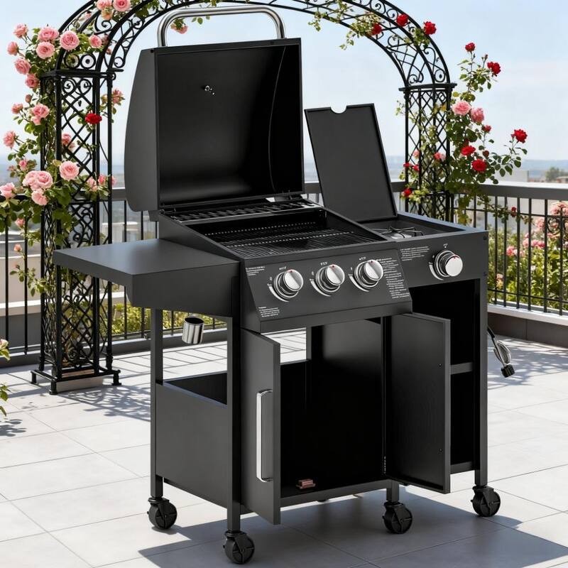 Steel Barbecue Grill, Gas Grill with Warming Rack and Built-in Cabinet, BBQ Grill with Side Burner and Foldable Side Table - Black