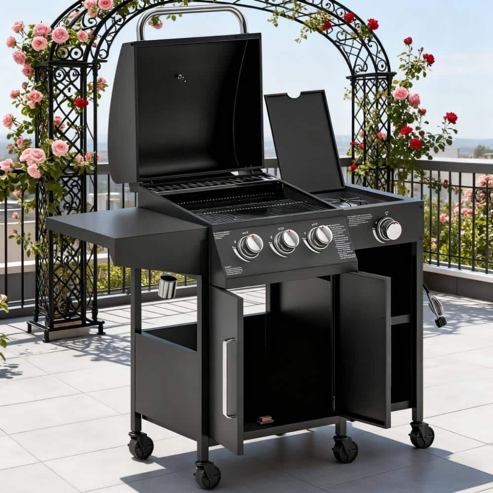Steel Barbecue Grill, Gas Grill with Warming Rack and Built-in Cabinet, BBQ Grill with Side Burner and Foldable Side Table