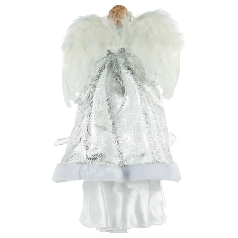 18" White Silver Angel in a Dress Christmas Tree Topper White Lights