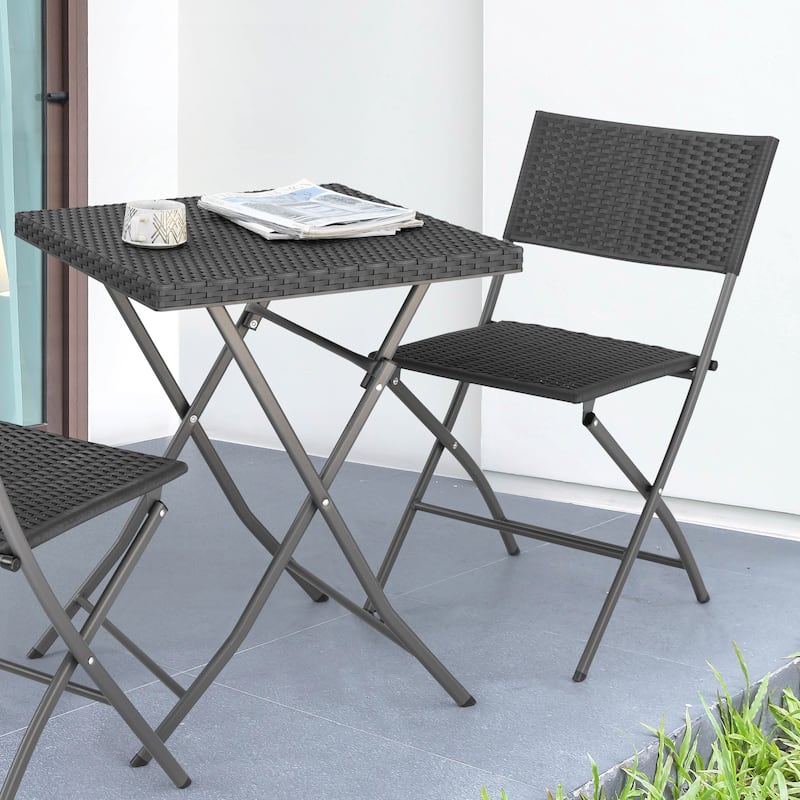 Outdoor 3 Pieces Folding Bistro Set, Waterproof PP Rattan Table and Chairs