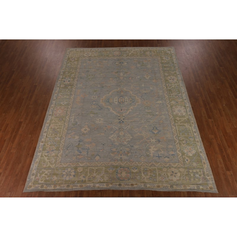 Vegetable Dye Oushak Turkish Area Rug Hand-Knotted Grey Wool Carpet - 9'5"x 12'1"