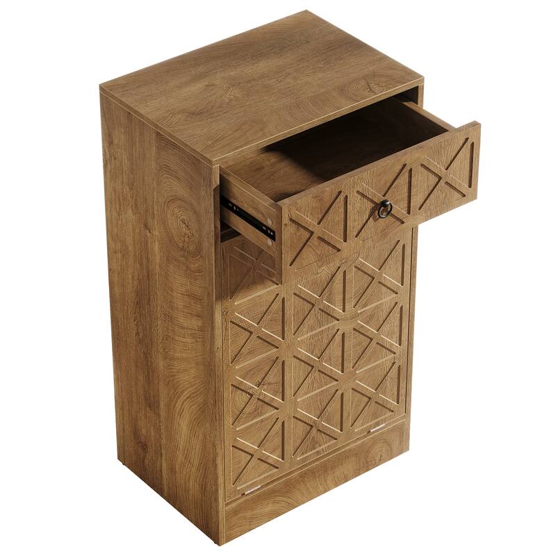 13 Gallon Wooden Fluted Tilt-Out Trash Can Cabinet with Drawer, Hidden Garbage Bin Storage Unit for Kitchen Living Room