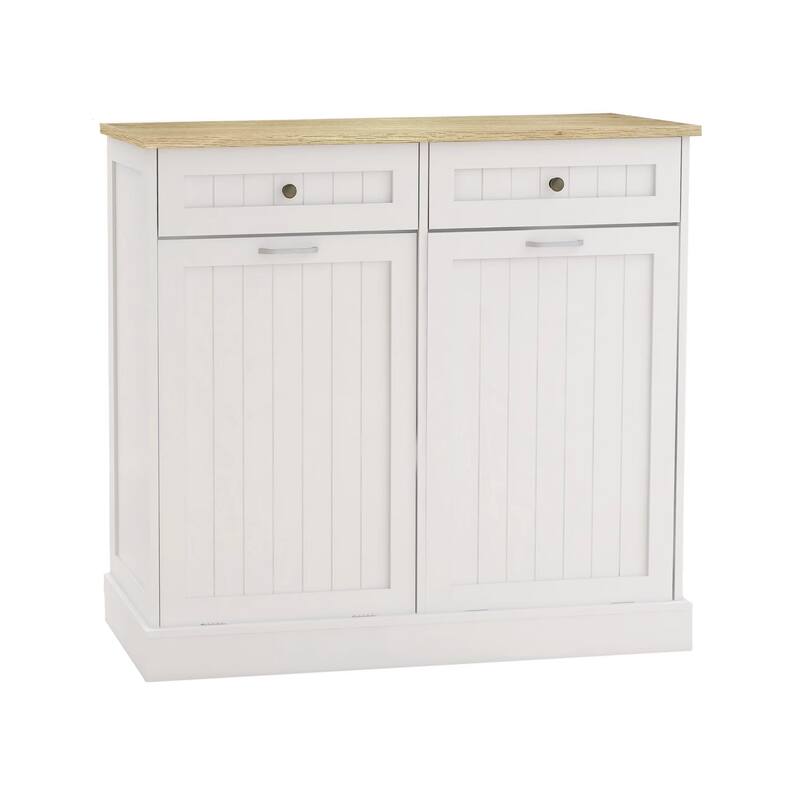 Anmytek White Farmhouse Kitchen Trash Cabinet with 2 Drawers and Tilt-Out 2-Compartment Storage
