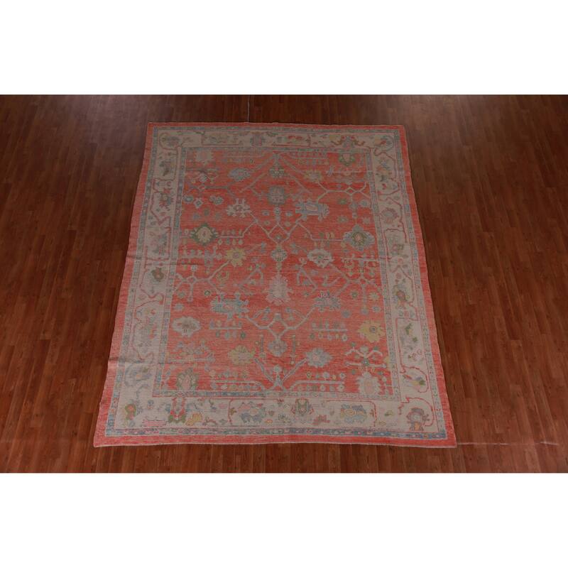 Hand Knotted Oriental 100% Wool Carpet Transitional All-Over Oranges & Rust Oushak Area Rug - 9' 11'' X 8' 1''