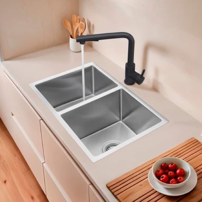 AZUNI 27 inches L x 18 inches W Double Bowl 60/40 Dual Mount 16G Reversible Kitchen Sink with Grids and Basket Strainers