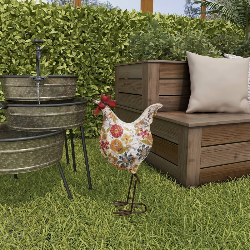 Green or Cream Metal Indoor Outdoor Distressed Standing Rooster Garden Sculpture with U Shaped Feet