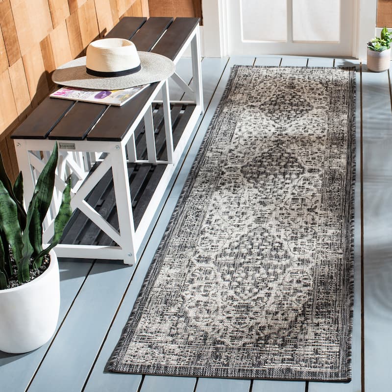 SAFAVIEH Courtyard Boud Indoor/ Outdoor Waterproof Patio Backyard Rug - 2'3" x 8' Runner - Black/Grey