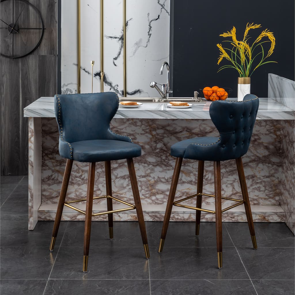 Nailhead Trim High Bar Stool, Faux Leather Bistro Counter Chair with Horn Backrest Kitchen Island Dining Chair, Set of 2