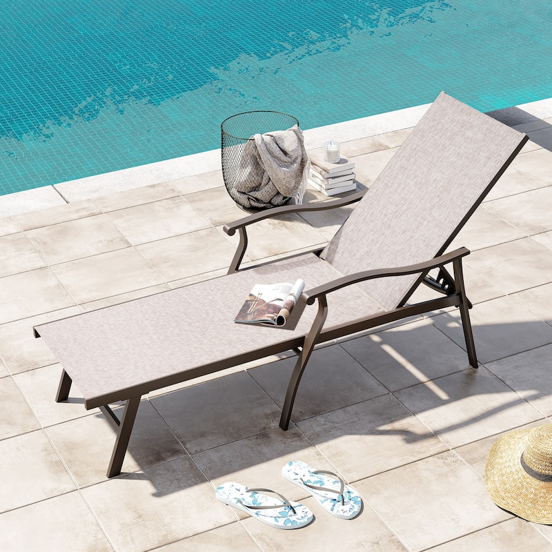 Outdoor Recliner All Weather Aluminum Adjustable Chaise Lounge Chair with Arms - See Picture