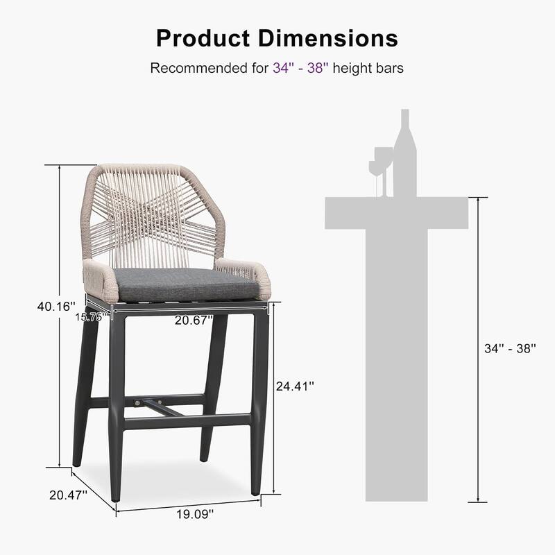PURPLE LEAF Outdoor Bar Stools Chair Set of 2, All Weather Rattan and Aluminum Patio Bar Stool with Cushion