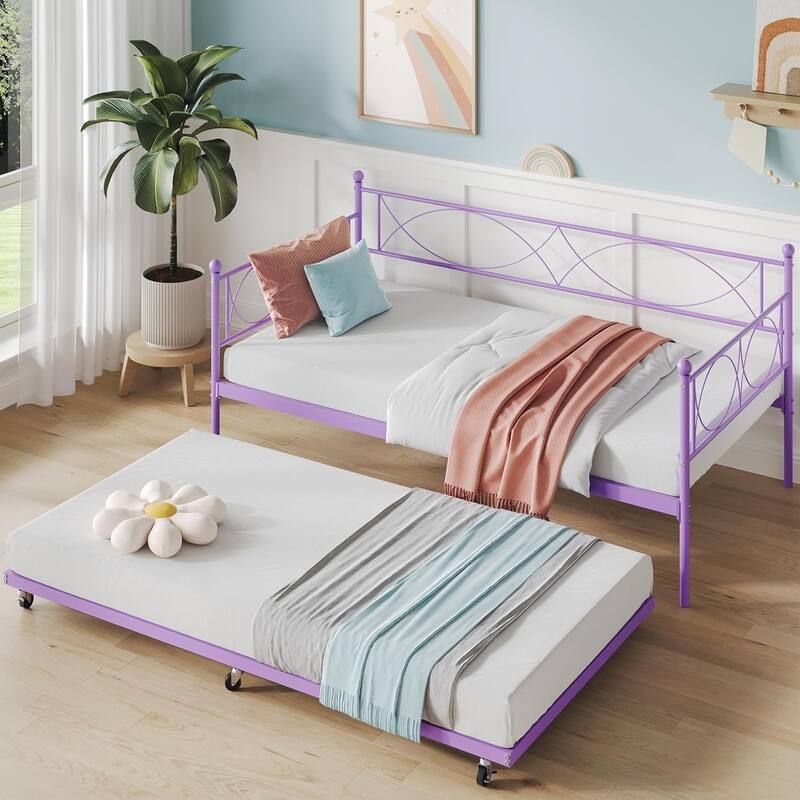 Metal Daybed with Trundle Set, Space-Saving Sofa Bed Frame with Steel Support for Bedroom or Living Room - Twin - Purple Sets