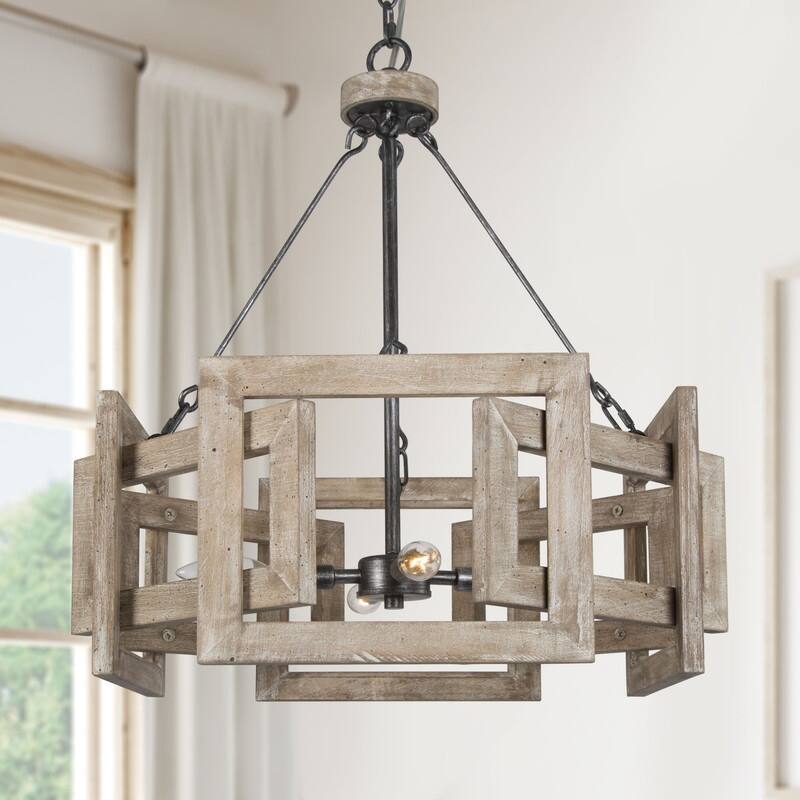 Solid Wood Farmhouse 4-Light Drum Chandelier for Dining Room in Distressed Finish - L20" xW20 "xH23.5"