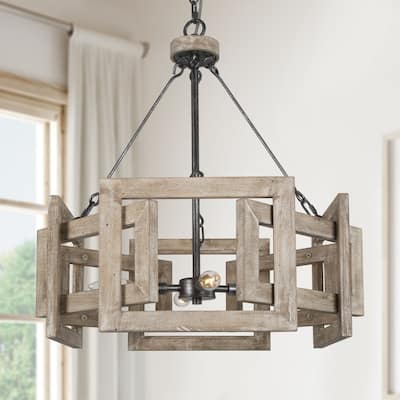 Solid Wood Farmhouse 4-Light Drum Chandelier for Dining Room in Distressed Finish - L20" xW20 "xH23.5"