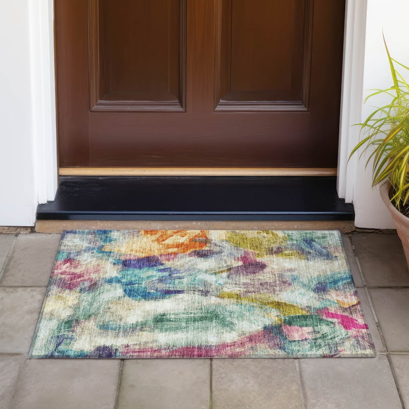 Machine Washable Indoor/Outdoor Modern Brushstrokes Chantille Rug - Sage - 1'8" x 2'6"