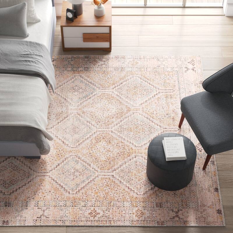 Marquesa Machine Washable Trellis Light Pink/ Blue Area Rug