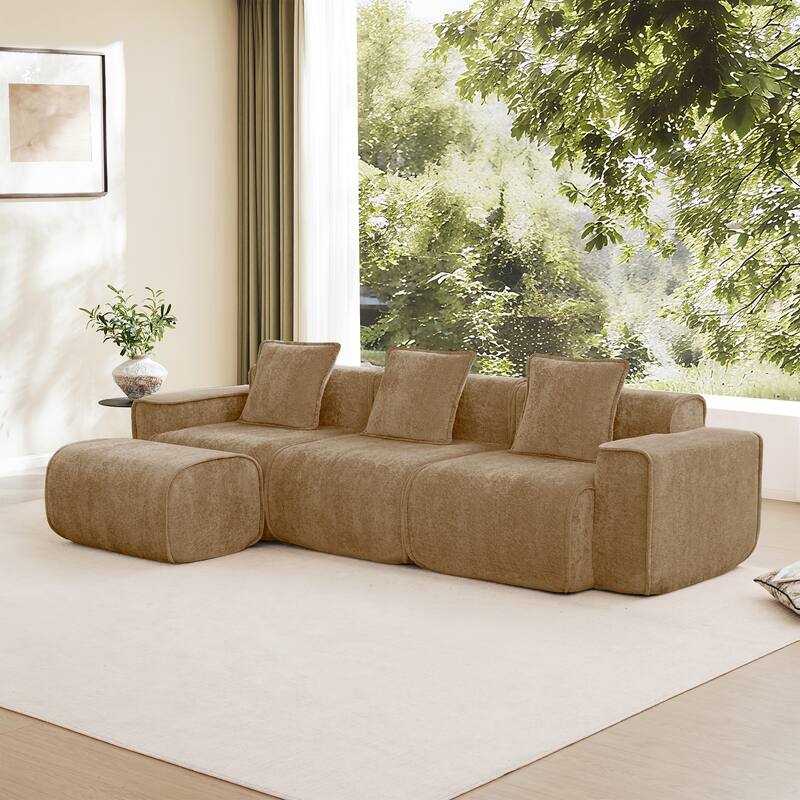 GDFStudio - Streamlined Velvet 3-Seater 108.66" L-Shaped Modular Boneless Sofa with Ottoman