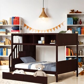 Twin Over Full Loft Bed with Shelfs, Storage Staircase and 2 Drawers