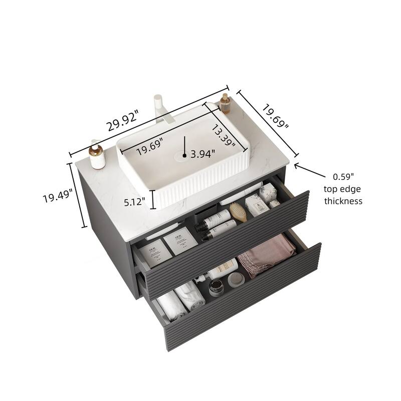 GDFStudio - Vedo Modern Floating Bathroom Vanity with Striped Drawer Fronts & White Ceramic Vessel Sink, WITHOUT Faucet