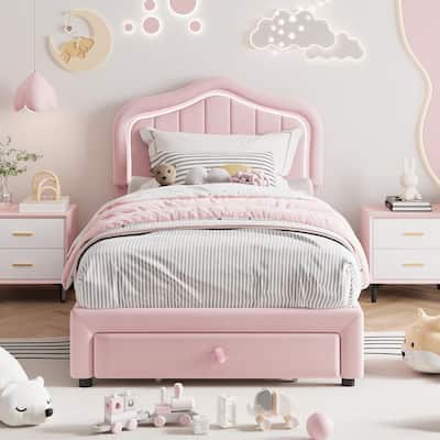 Upholstered Bed Frame with Storage Drawer and LED Headboard, Wooden Slat Support, Easy to Assemble