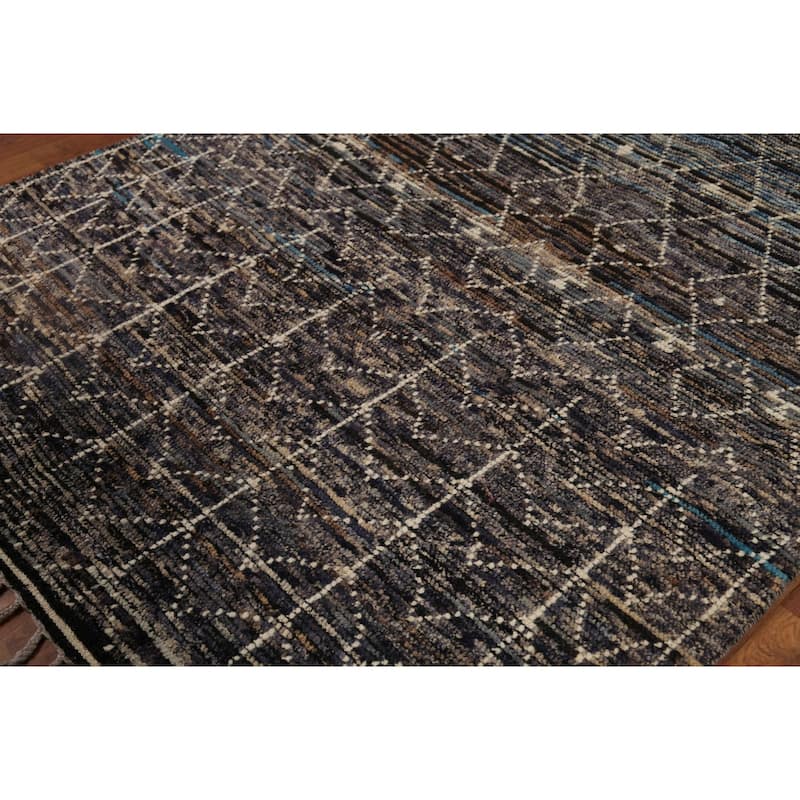 Navy Blue & Brown Moroccan Oriental Area Rug Handmade Wool Carpet - 5'7"x 9'11"