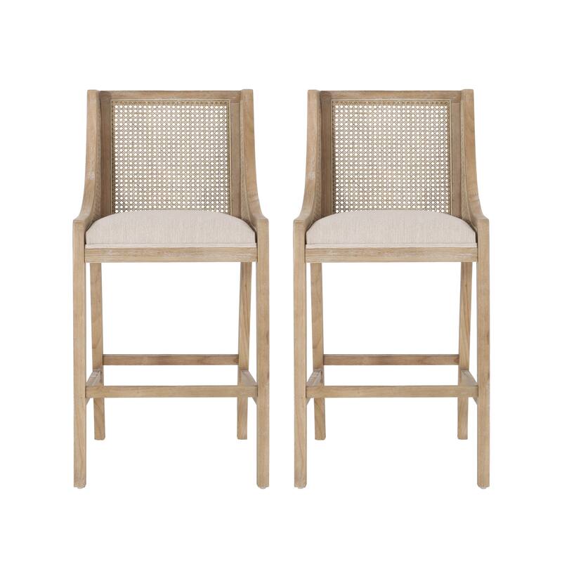 French Country Breck Upholstered Barstools with Cane Backrest (Set of 2) - 30-inch Seat Height by Christopher Knight Home.