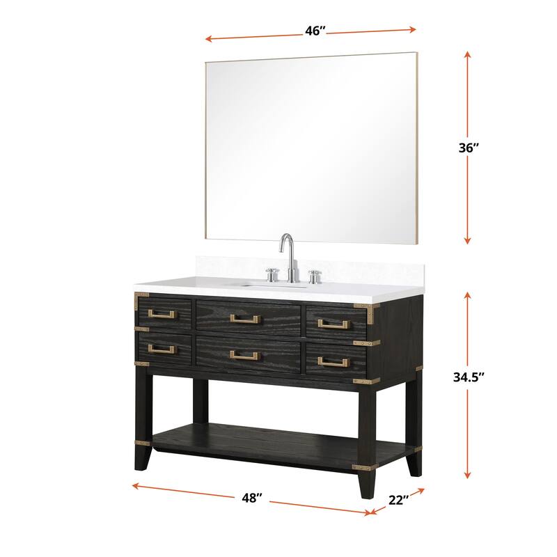 Norwalk 48 in W x 22 in D Black Oak Single Bath Vanity, White Quartz Top, Faucet Set, and 46 in Mirror