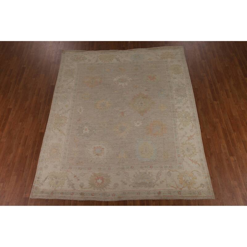 Beige Oushak Turkish Area Rug Hand-Knotted Transitional Wool Carpet - 8'3"x 9'8"