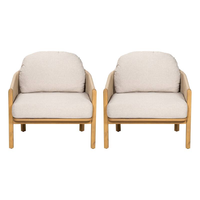 Roomfitters Grotta Outdoor Acacia Wood Club Chair with Rope Woven Back, Teak Finish and Beige - Set of 2