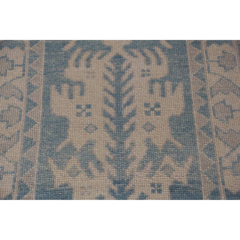 Hand Knotted Oriental 100% Wool Carpet Transitional Geometric Navy Blue & Blues Oushak Runner Rug - 18' 10'' X 3' 5''