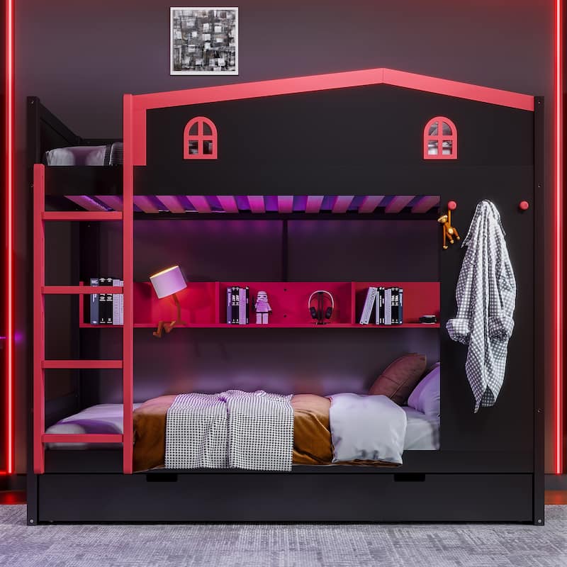 House-shaped Bunk Bed with Hooks, Storage Shelves, Safety Guardrails and Optional with Underbed Drawers or Trundle Bed