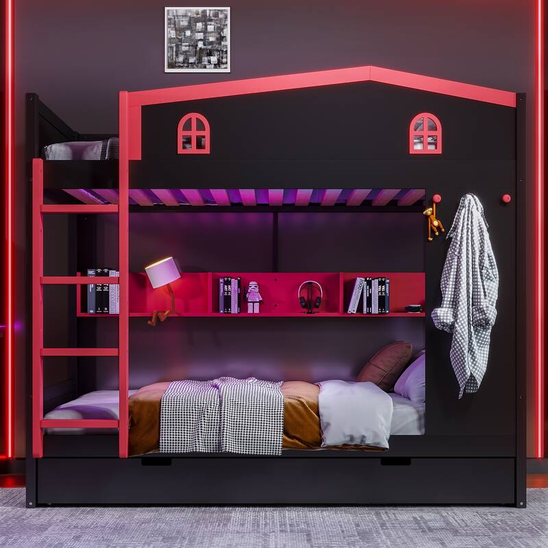 Queen over Queen Bunk Bed Rustic House Bunk Bed with Hooks Storage Shelves, Solid Wood Under-bed Storage Drawers or Trundle