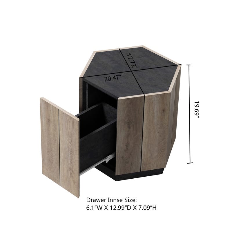 Hexagonal Rural Style Garden Retro with Drawer Living Room Corner Table Bedroom Bedside Table,Textured Black + Warm Oak