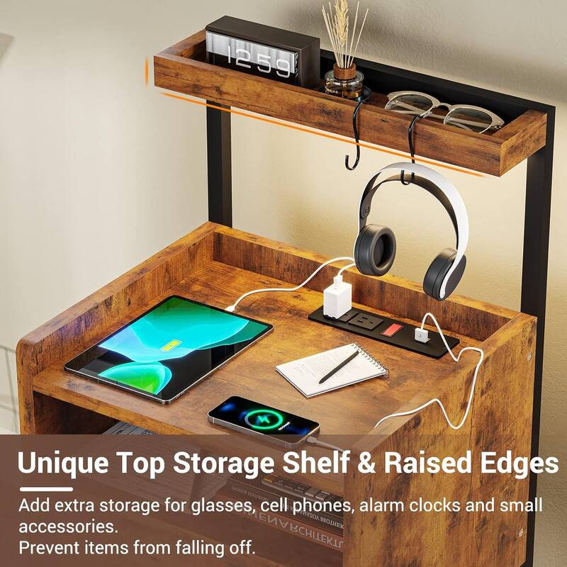 Nightstand with 1 Drawer Shelf USB Ports End Side Table