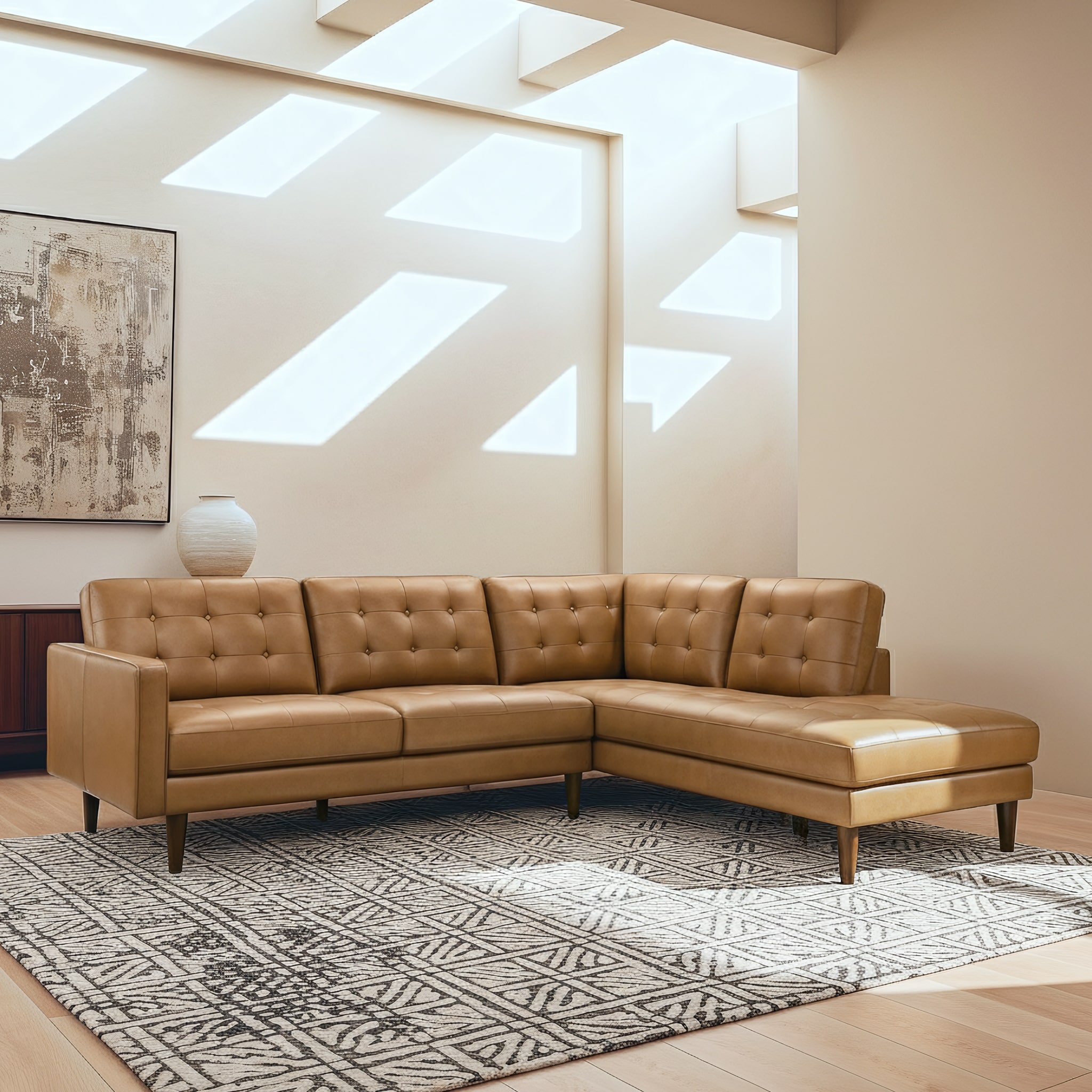 Lester Tufted Modern Top Leather Corner Sectional Sofa in Cognac Tan