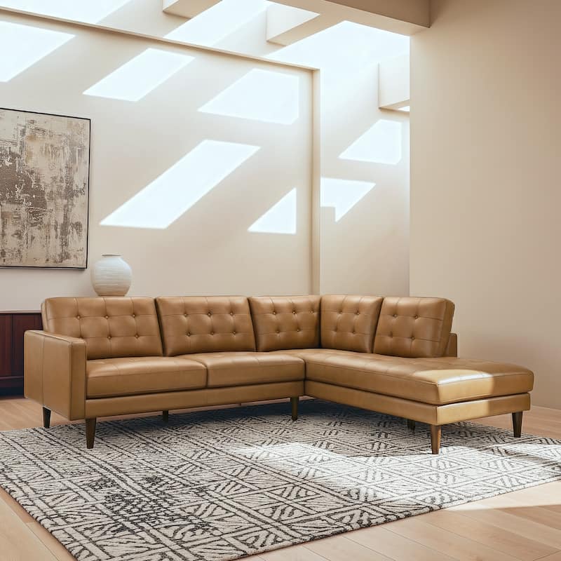 Lester Tufted Modern Living Room Top Leather Corner Sectional Sofa in Cognac Tan - Tan Leather - Right Facing