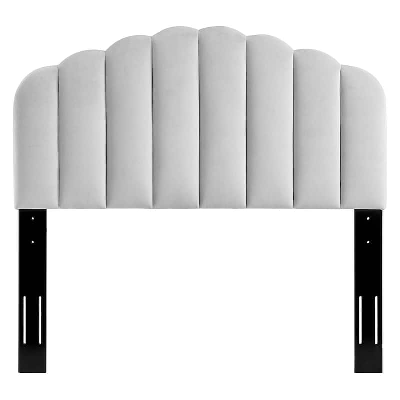 Burney Scalloped Light Grey Velvet Upholstered Full/Queen Size Headboard