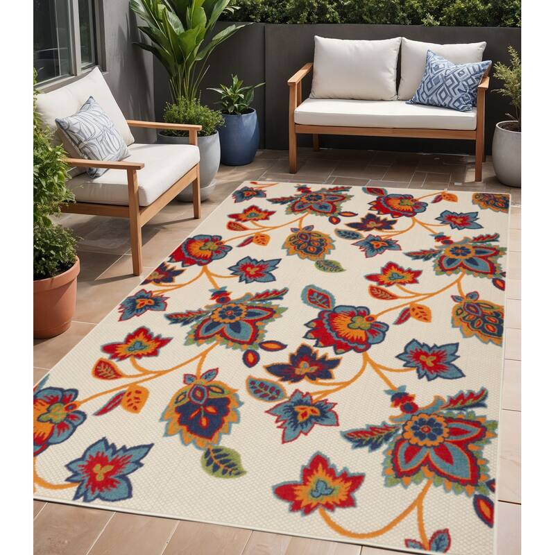 Almiri Graceful Floral Weather Resistant Sleek Contemporary Outdoor Rug - 5' X 8' - Orange/Blue/Grey