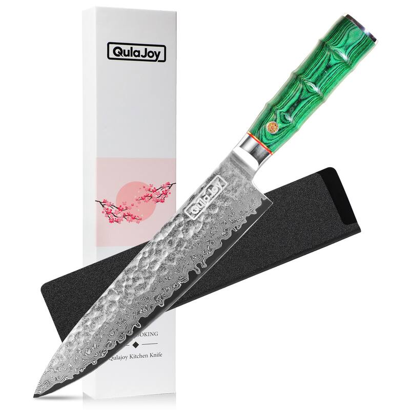 8" Japanese Chef Knife, 67-Layer Damascus VG-10 Hand-Hammered - Green