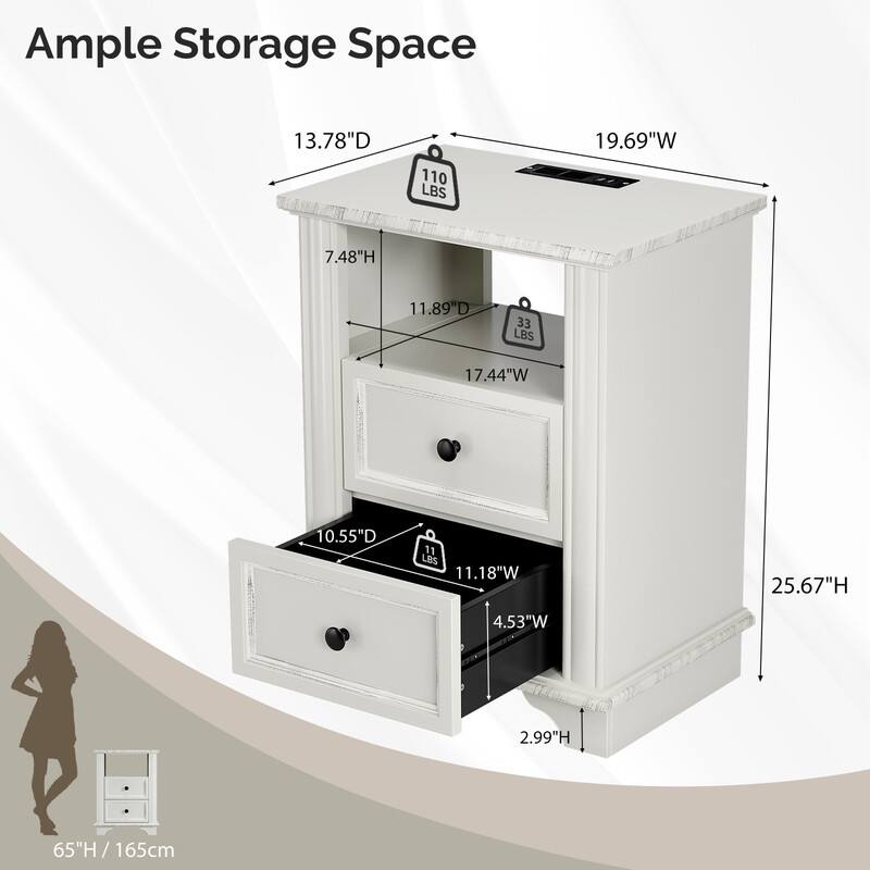 White MDF 2-Drawer Nightstand with Outlet, Black Brushed Handles, 19.7x13.8x25.8in - 1pc